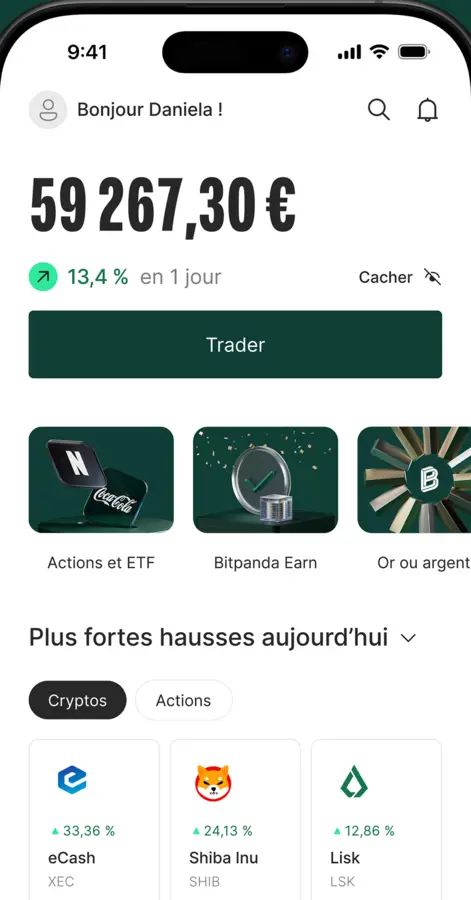 Écran de l’application Bitpanda : le tableau de bord du portefeuille