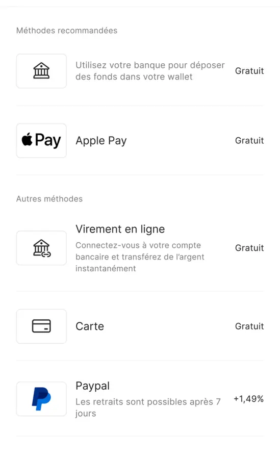Écran de l’application Bitpanda : les moyens de dépôt et leurs frais