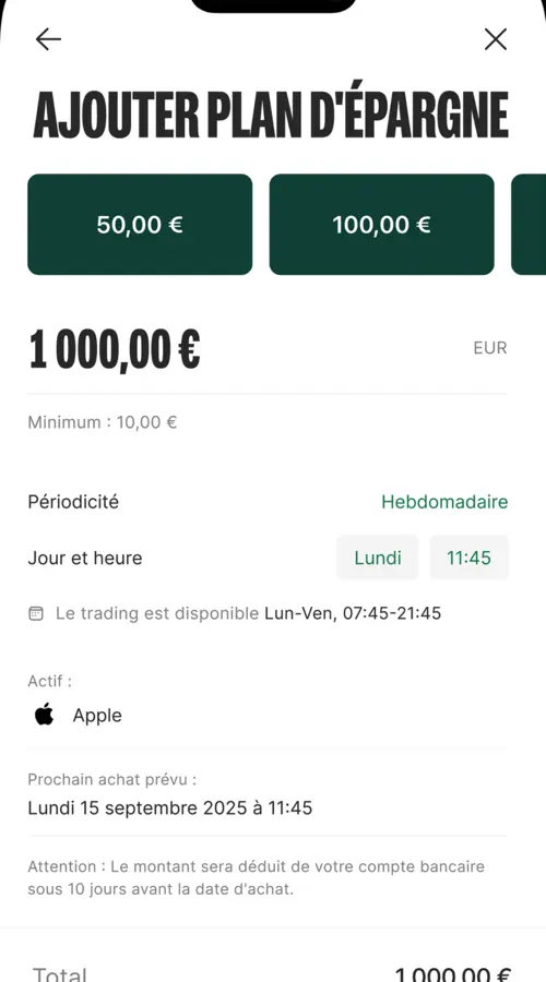 Écran de l’application Bitpanda : la création d’un plan d’épargne