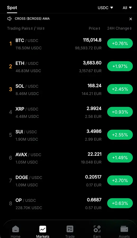 Écran de l’application Bybit