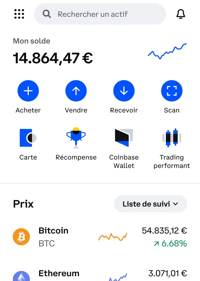 Écran de l’application Coinbase : l’accueil : acheter, vendre et suivre les prix