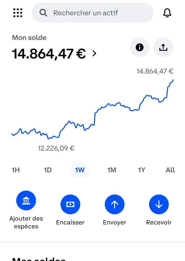 Écran de l’application Coinbase : le solde du compte et les virements en euros