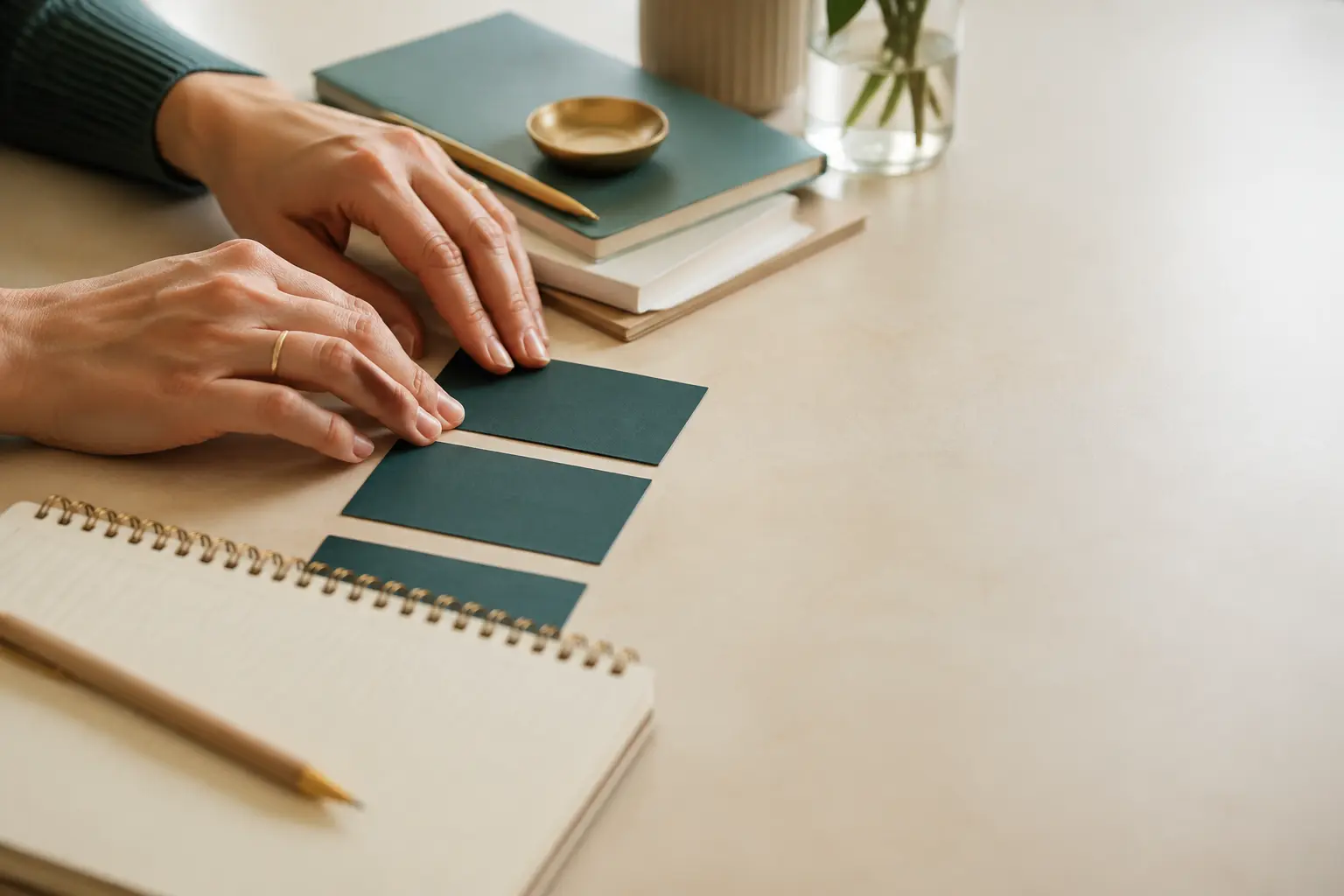 Mains posées sur des fiches d’analyse, un carnet de notes à côté