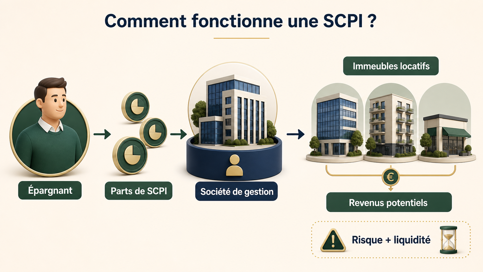 Infographie expliquant le fonctionnement d’une SCPI, de l’épargnant aux immeubles locatifs