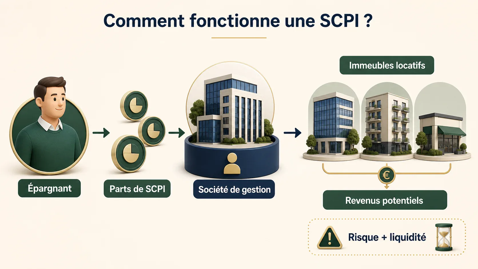 Infographie expliquant le fonctionnement d’une SCPI, de l’épargnant aux immeubles locatifs