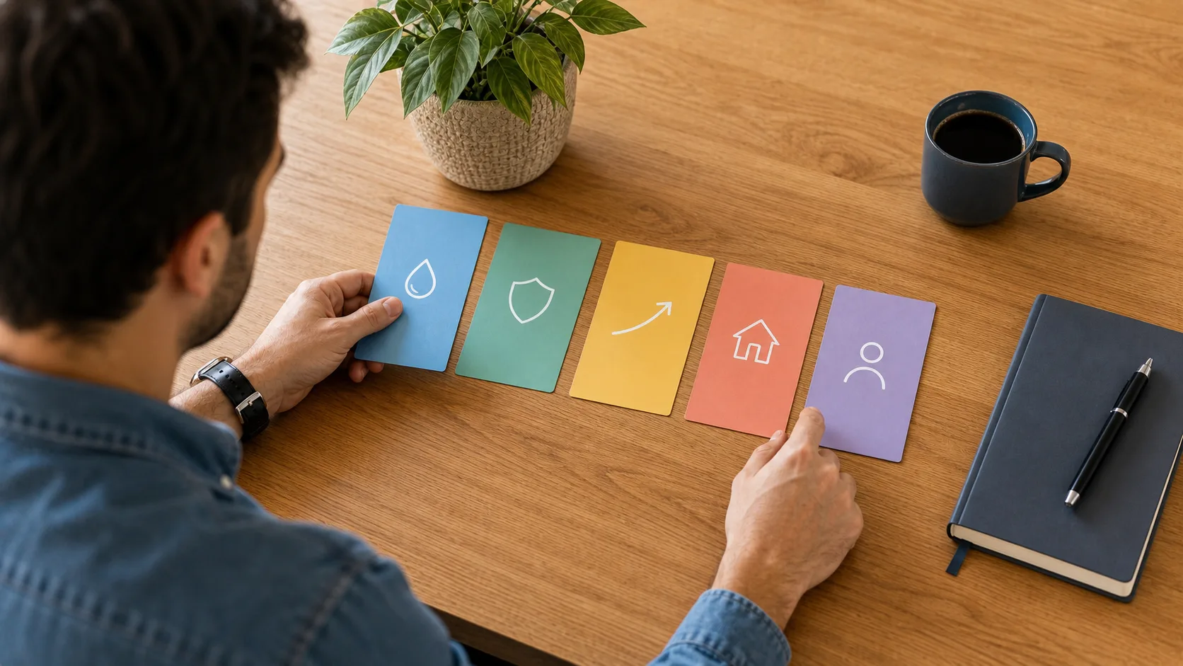 Cartes colorées représentant une répartition entre liquidité, sécurité, marchés, immobilier et long terme