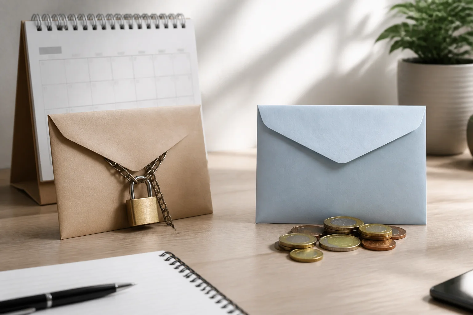 deux enveloppes d’épargne comparant argent bloqué et argent disponible