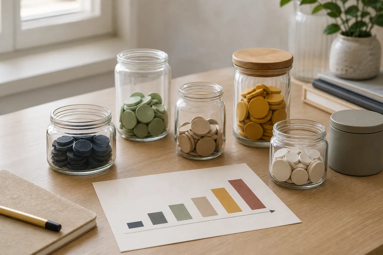 bocaux avec jetons colorés illustrant la diversification et les niveaux de risque