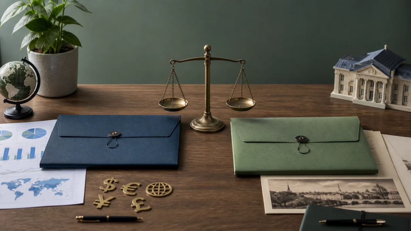 comparaison visuelle entre deux enveloppes d’investissement avec balance et dossiers