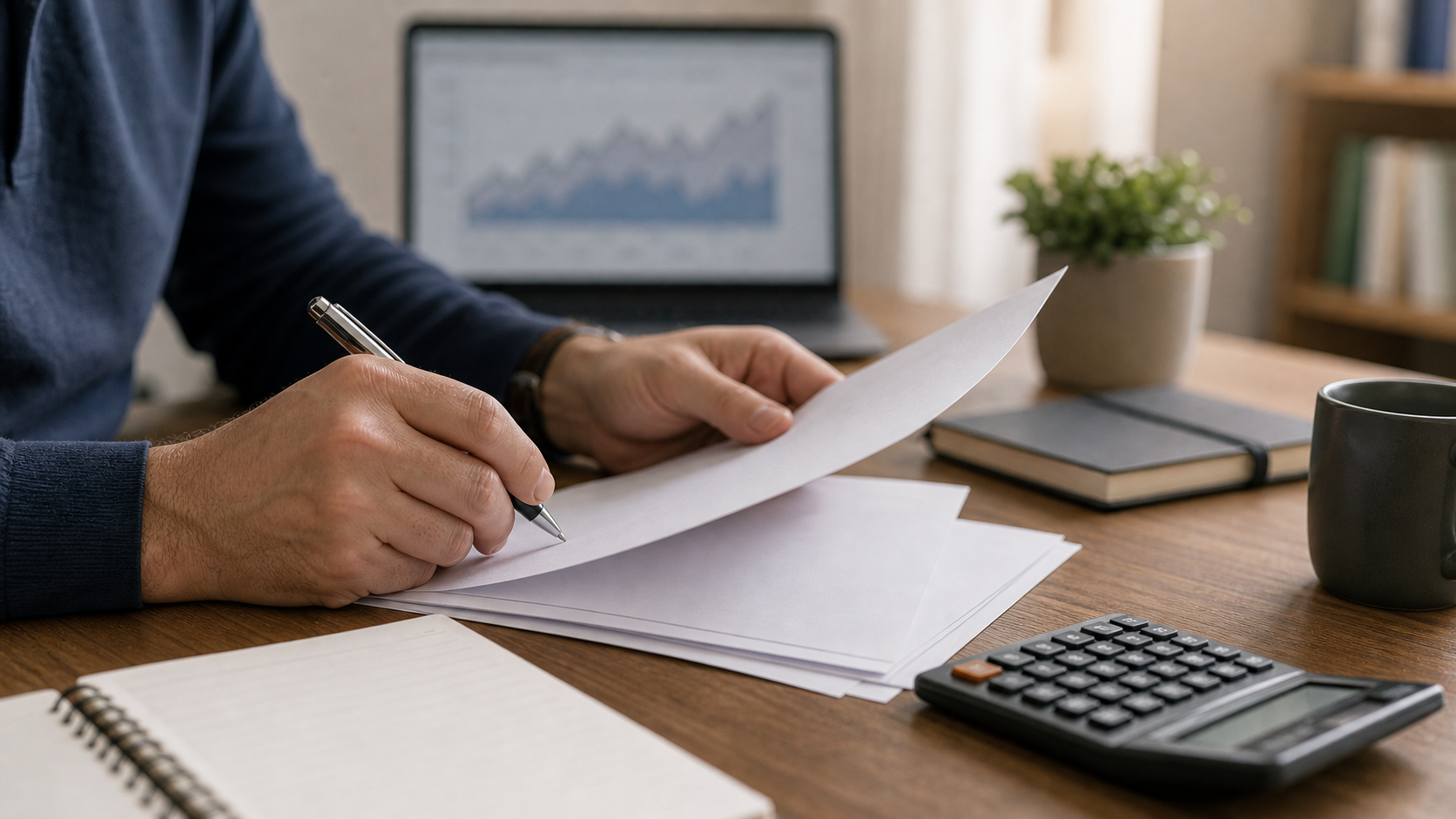 Investisseur vérifiant des documents obligataires avec une calculatrice