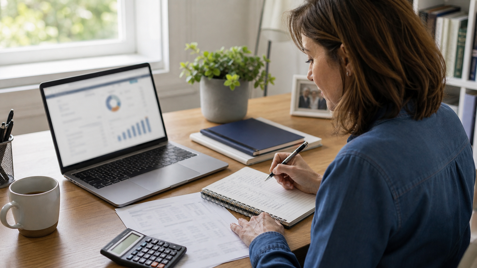 Personne ajustant ses placements financiers par horizon sur un bureau