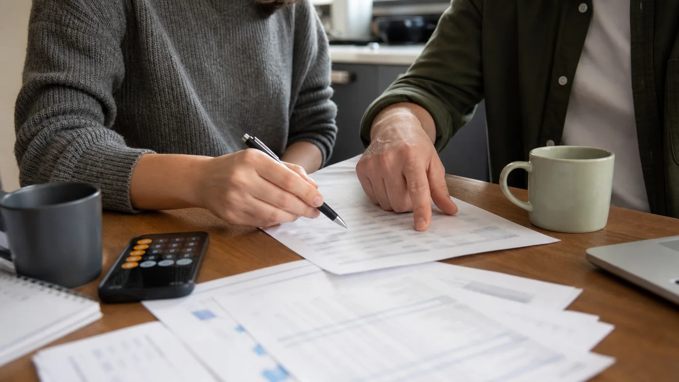 Couple comparant un budget mensuel avant de choisir entre crédit et épargne