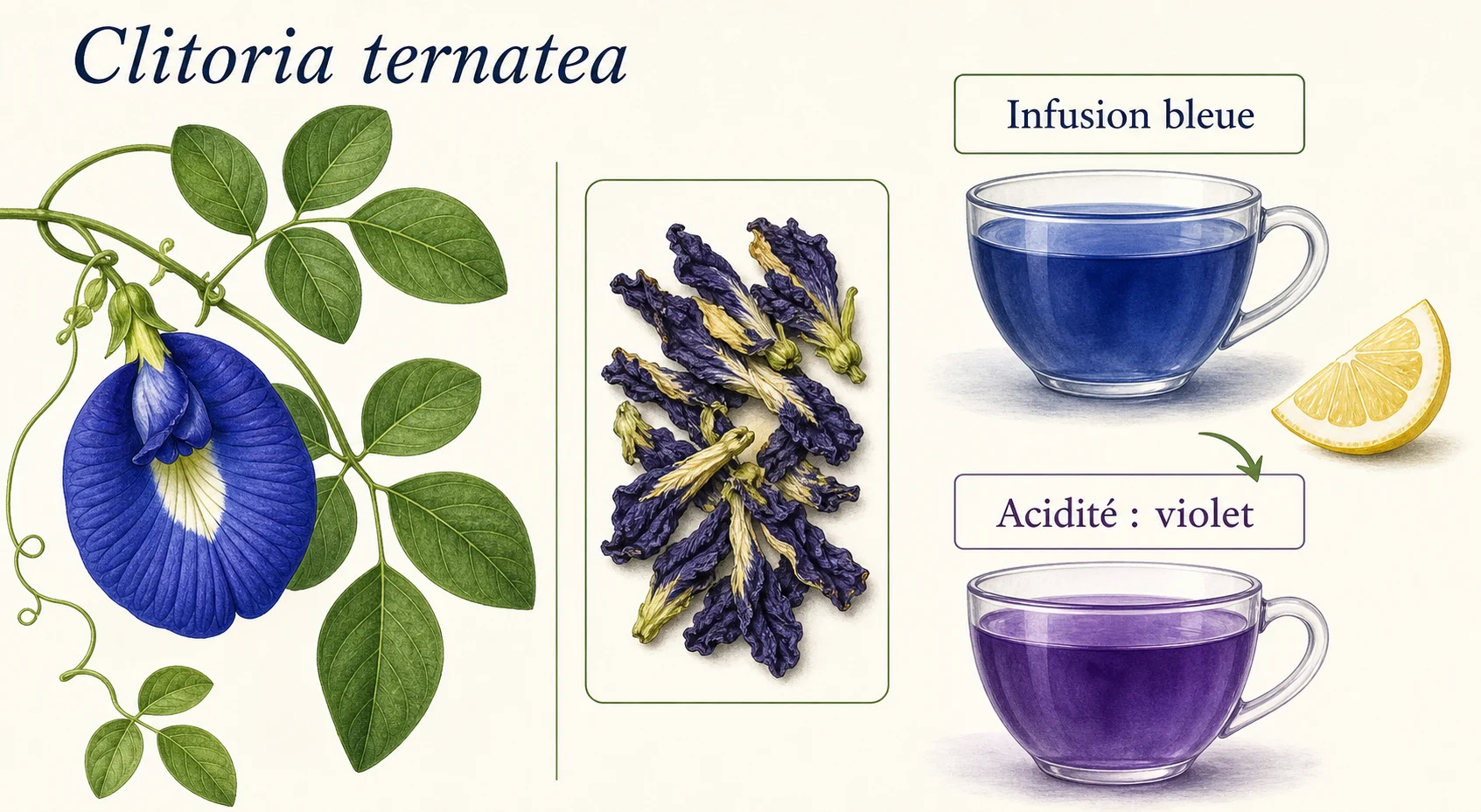 Clitoria ternatea, fleurs séchées et changement de couleur de l’infusion
