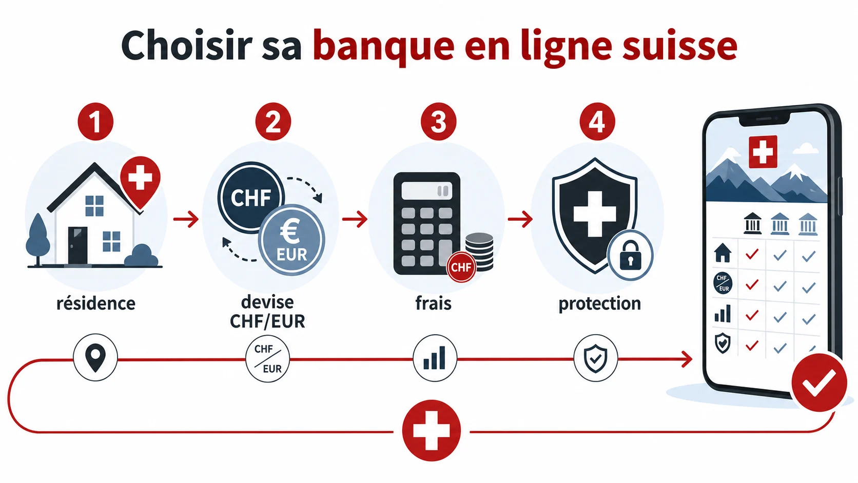 Infographie des critères pour choisir une banque en ligne suisse