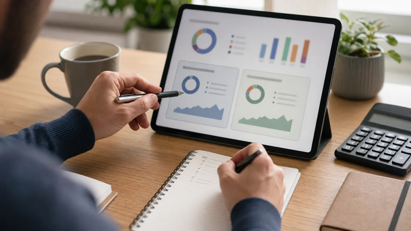 Épargnant comparant deux options de placement sur tablette et carnet
