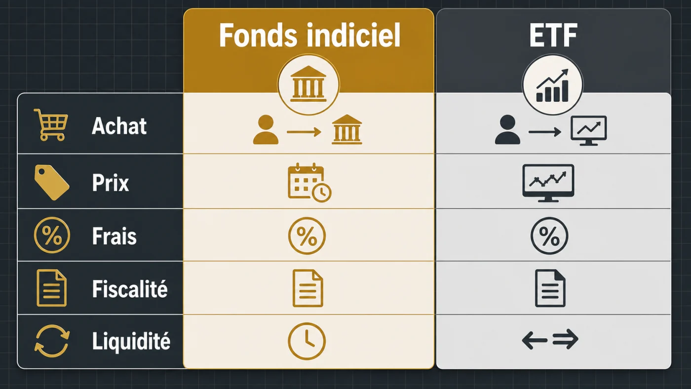 Infographie comparant fonds indiciel et ETF selon achat, prix, frais, fiscalité et liquidité