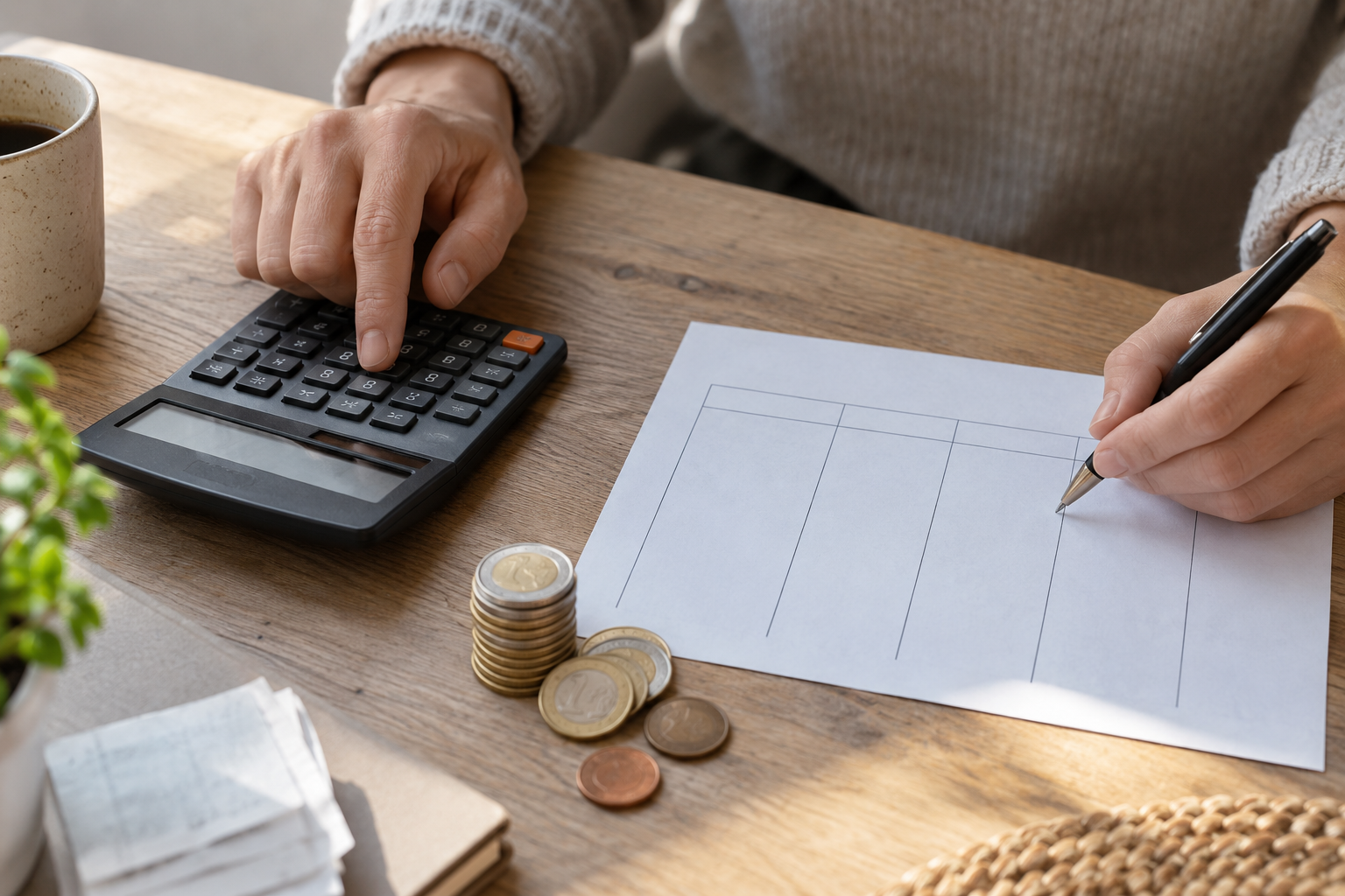 Feuille de calcul vierge et calculatrice pour enregistrer les flux