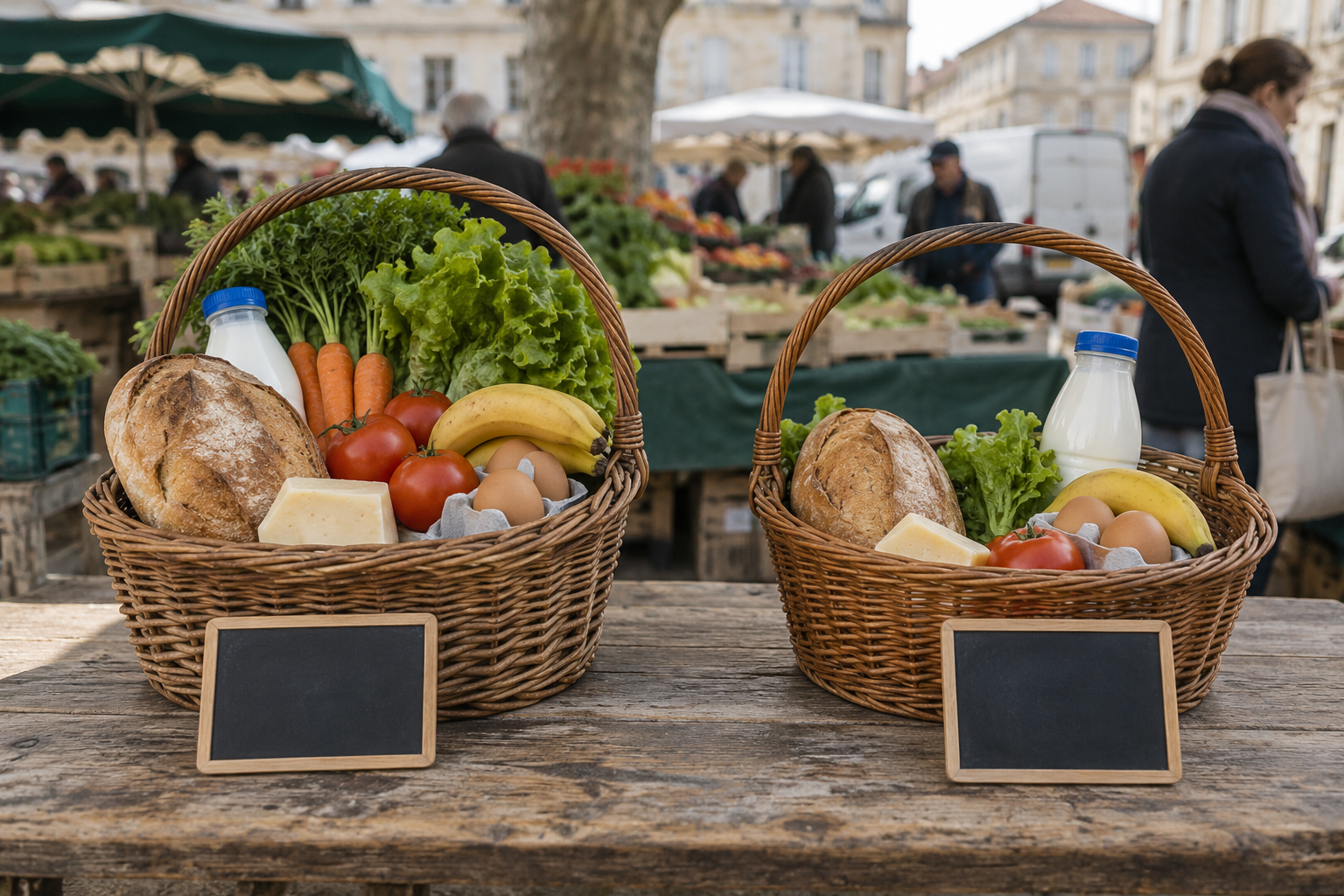 Deux paniers de courses de tailles différentes dans un marché