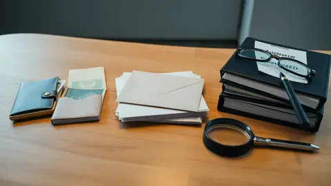 Trois piles d'objets symbolisant liquidité, enveloppes fiscales et investissements actions sur une table en bois.