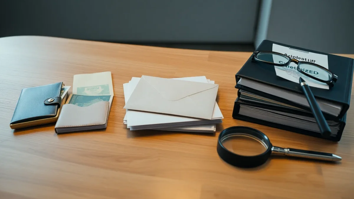 Trois piles d'objets symbolisant liquidité, enveloppes fiscales et investissements actions sur une table en bois.