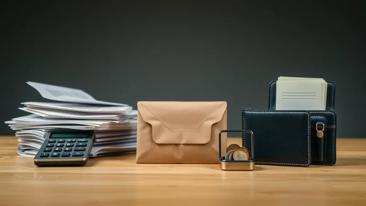Table avec documents financiers, enveloppe kraft, bocal de pièces et porte-documents, composition sobre.