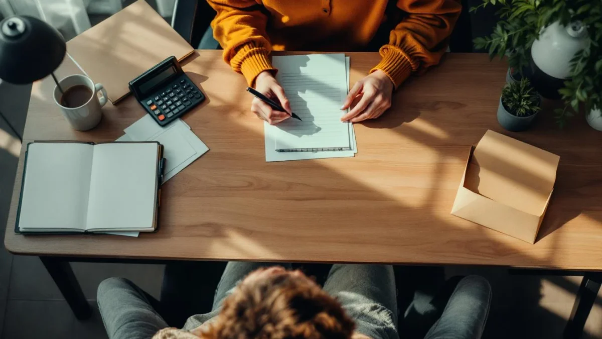 Bureau en bois clair le matin avec carnet, piles de documents et une personne concentrée choisissant entre options financières.