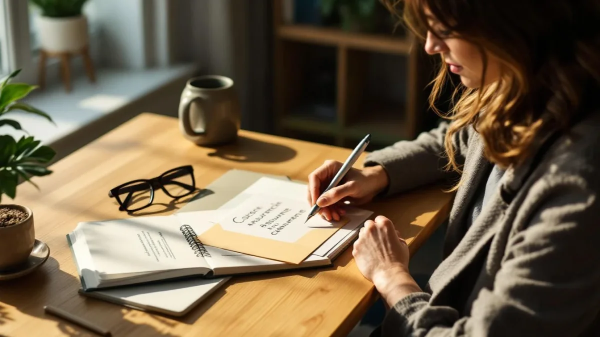 Personne réfléchissant à la répartition fonds euros et unités de compte sur un bureau en matinée