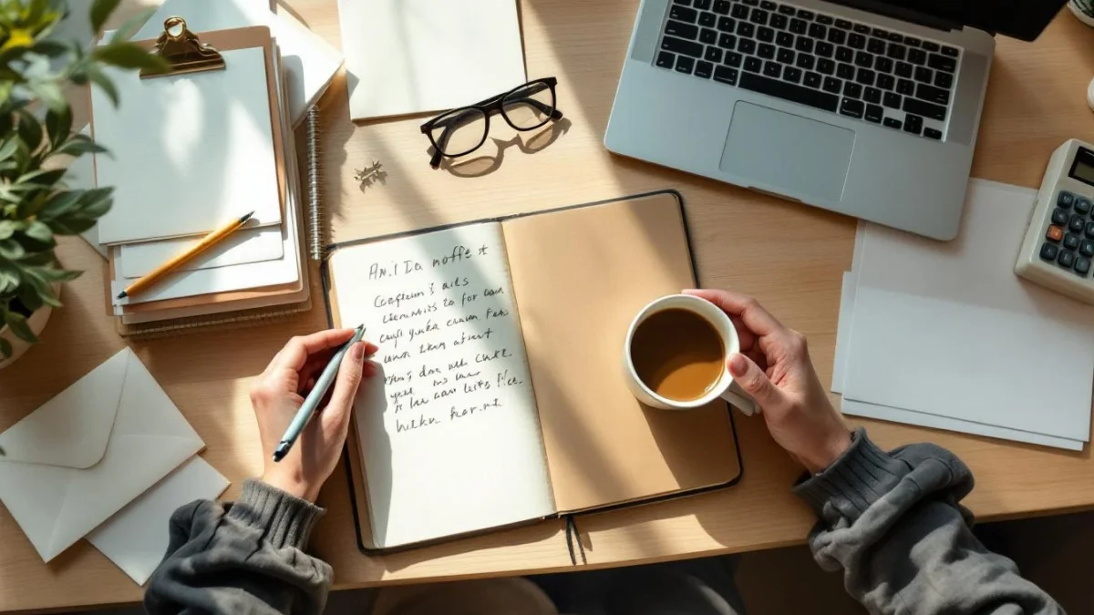 Bureau matinal en bois clair avec carnet, documents PEA, tasse de café et lunettes, ambiance ocre et beige.
