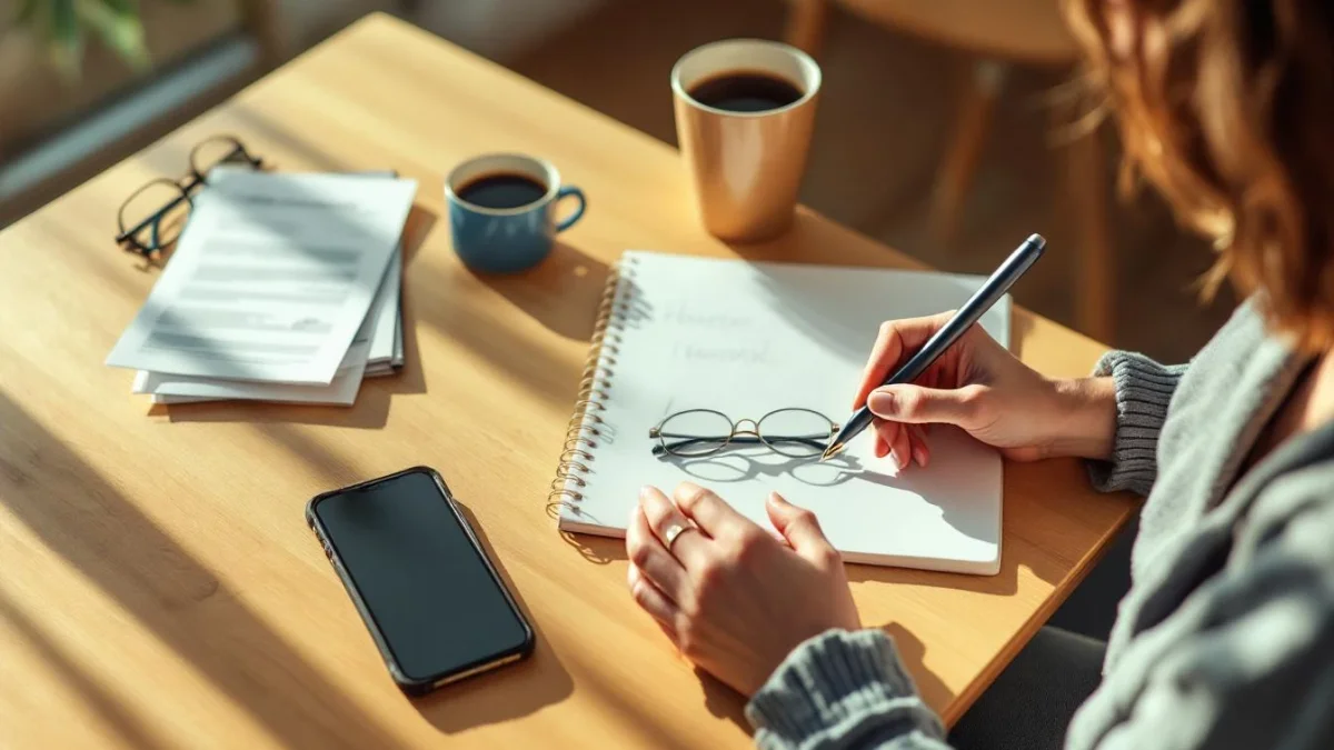 Personne réfléchissant sur ses finances avec carnet, relevé flou et café sur table en bois lumineux