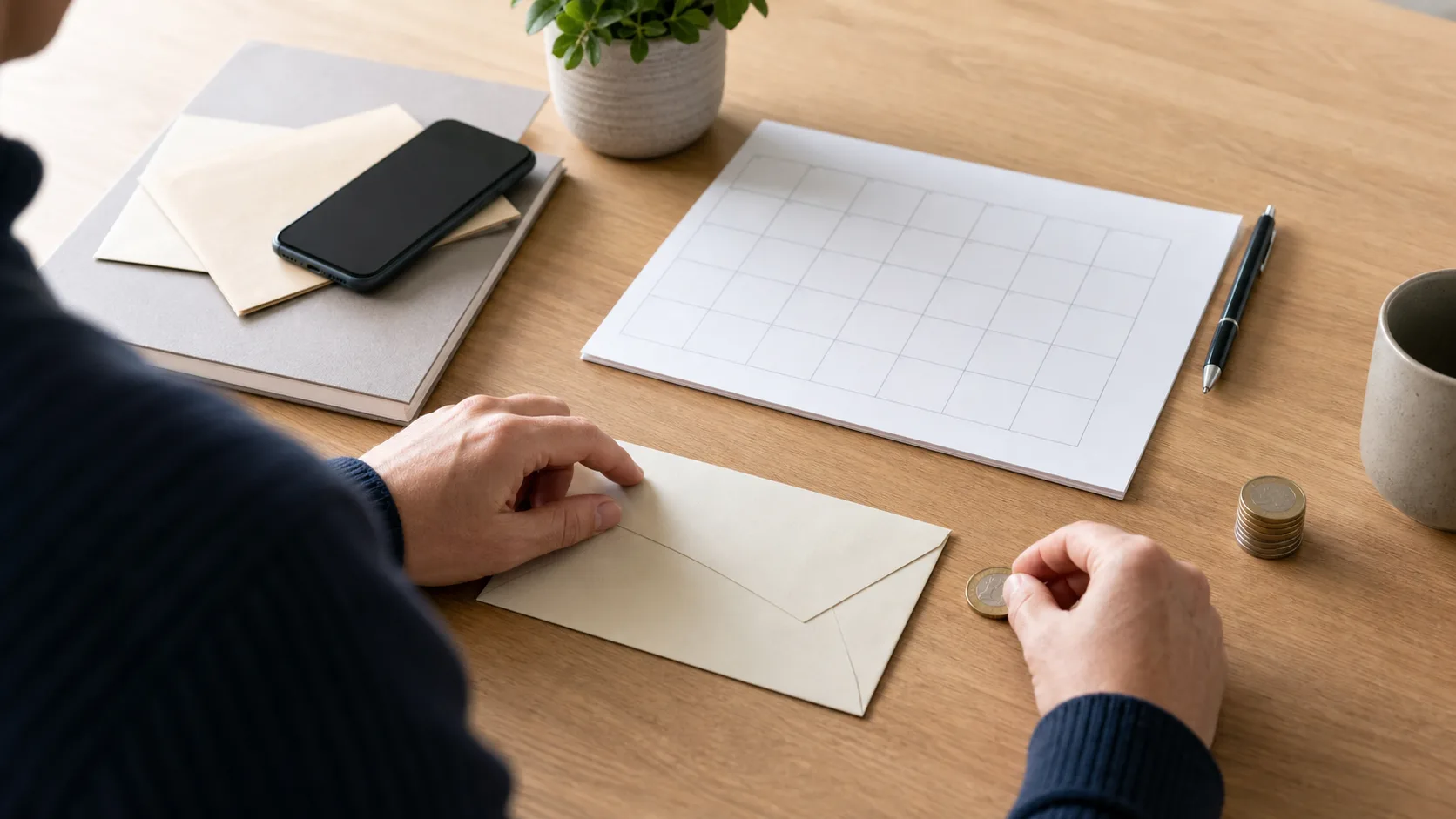 Préparation d’un versement régulier avec enveloppe et planning vierge