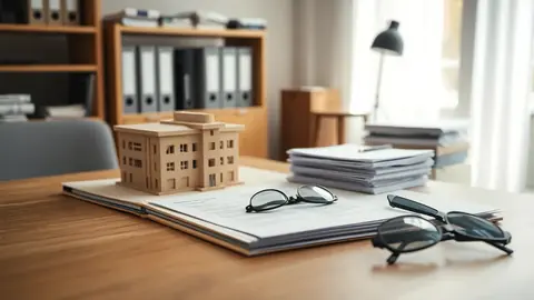 Maquette d'immeuble sur dossier financier et documents, ambiance bureau