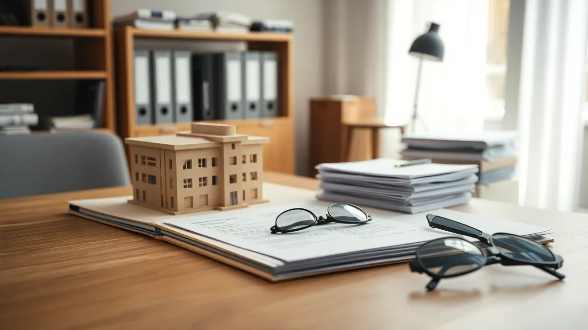 Maquette d'immeuble sur dossier financier et documents, ambiance bureau