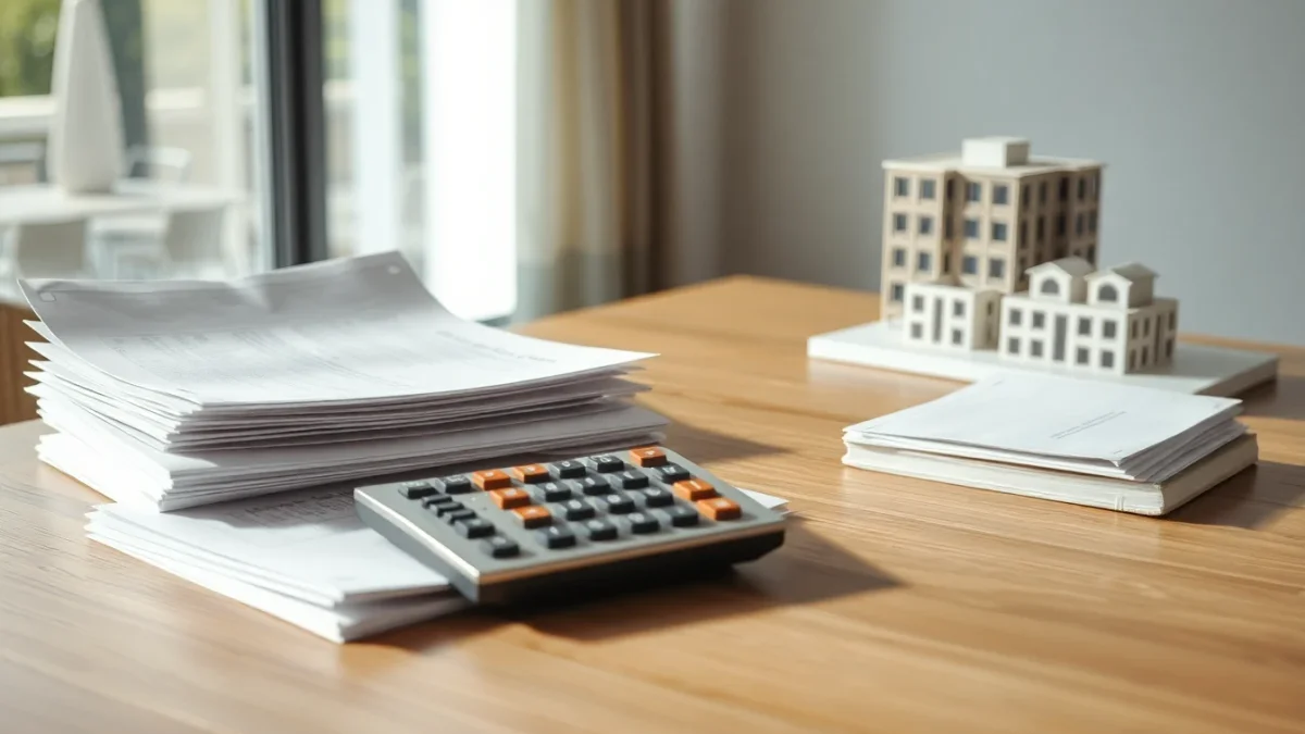 Table de bureau avec documents, calculatrice floue et maquette d'immeuble illustrant l’évaluation des coûts d’une SCPI