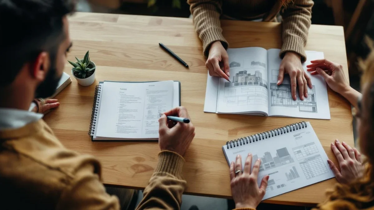 Bureau en bois clair avec maquette d'immeuble, carnet et deux personnes réfléchissant à un projet immobilier.
