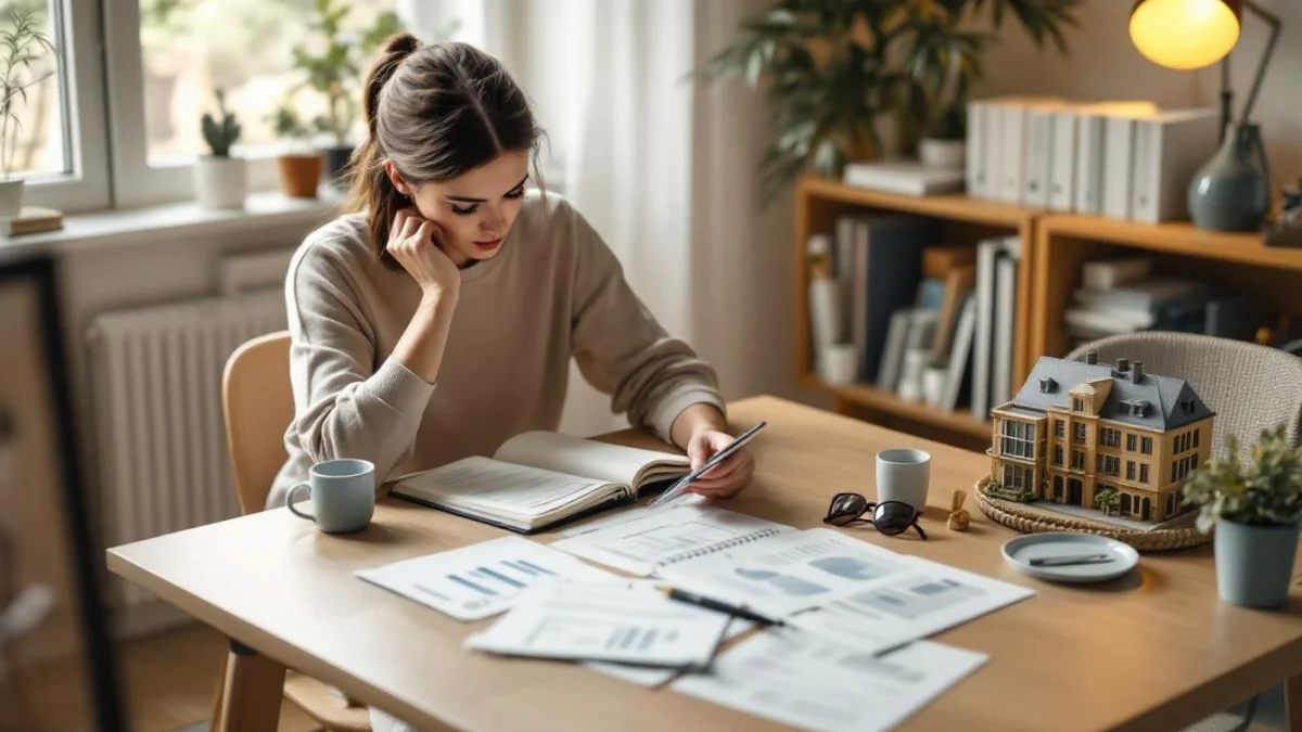 Personne réfléchissant à un investissement immobilier collectif autour de documents et d'une maquette d'immeuble.