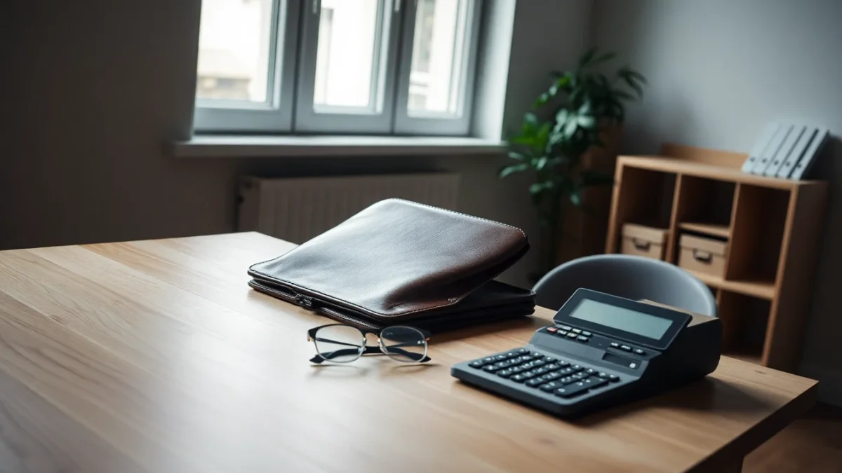 Porte-documents, lunettes et calculatrice sur table évoquant réflexion sur le plan épargne retraite