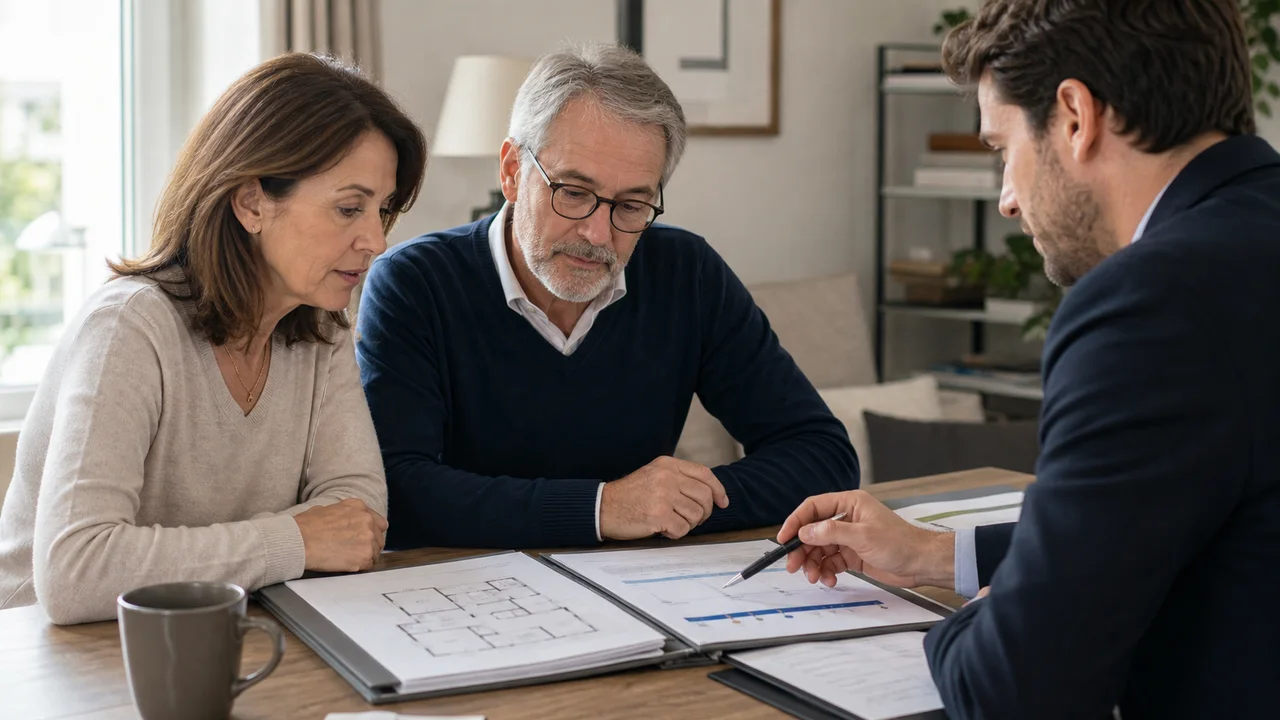 Investisseurs et conseiller comparant nue-propriete et usufruit immobilier