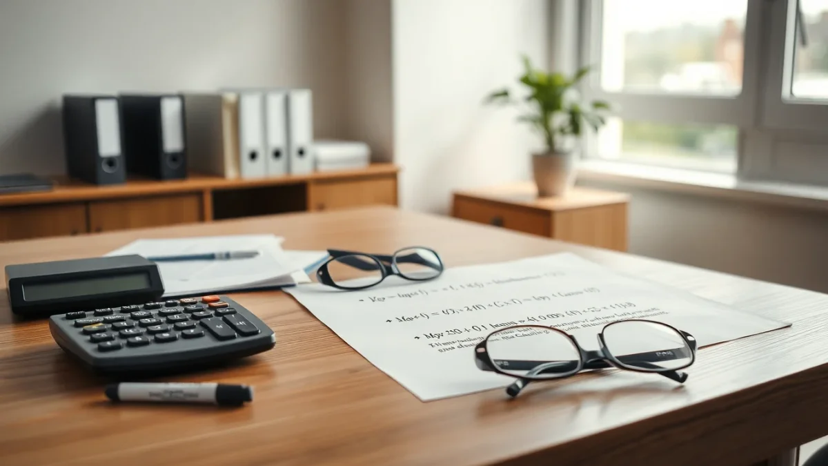 Bureau de conseiller financier avec calculatrice, documents flous et lunettes sur table