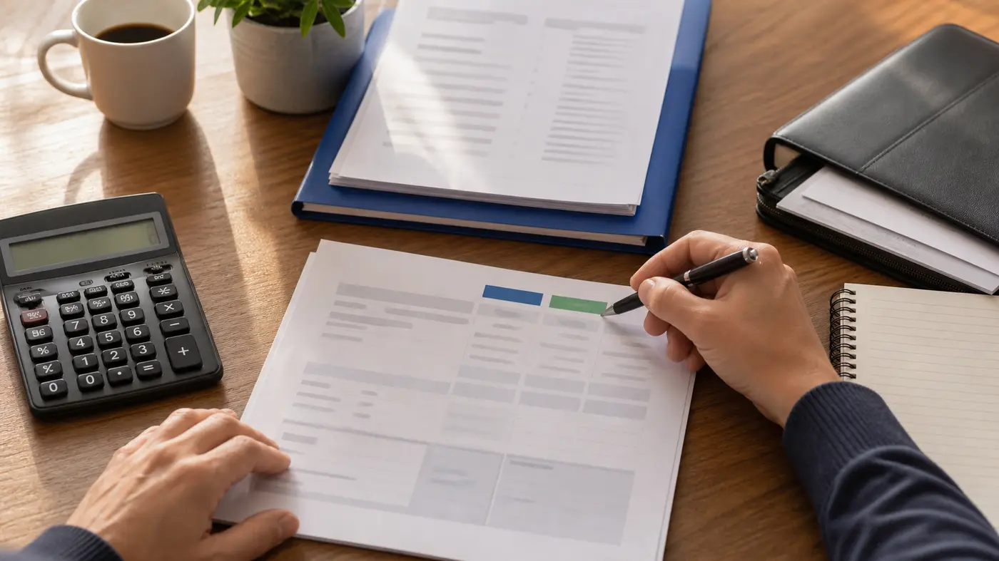 Dossier de pret immobilier avec calculatrice et documents floutes