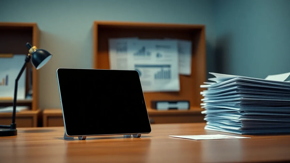 Bureau moderne avec tablette éteinte et documents financiers flous