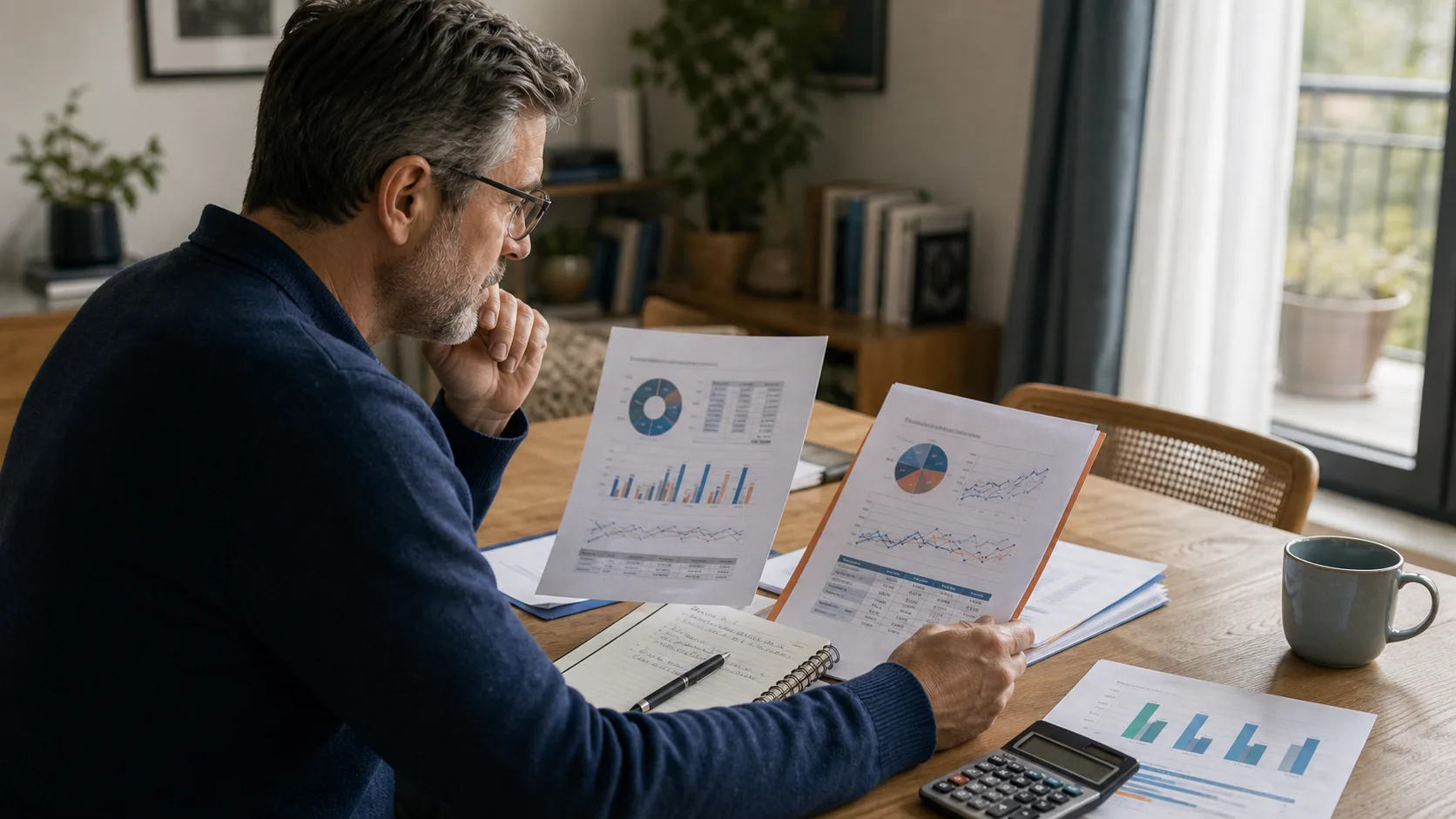 Investisseur comparant deux dossiers de placement à domicile avant décision