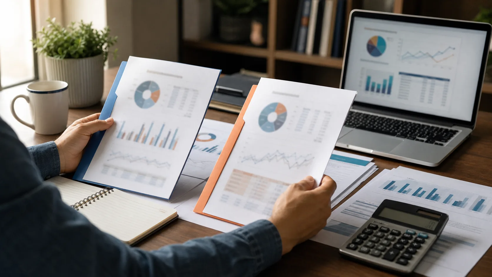 Investisseur comparant deux dossiers de placement avec calculatrice et graphiques financiers