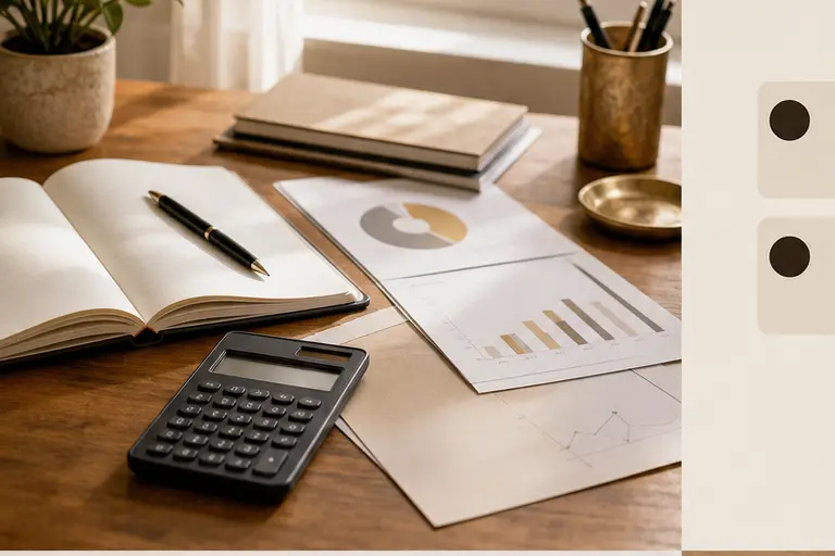 Calculatrice carnet et graphiques financiers sur un bureau clair pour préparer un calcul de ROI