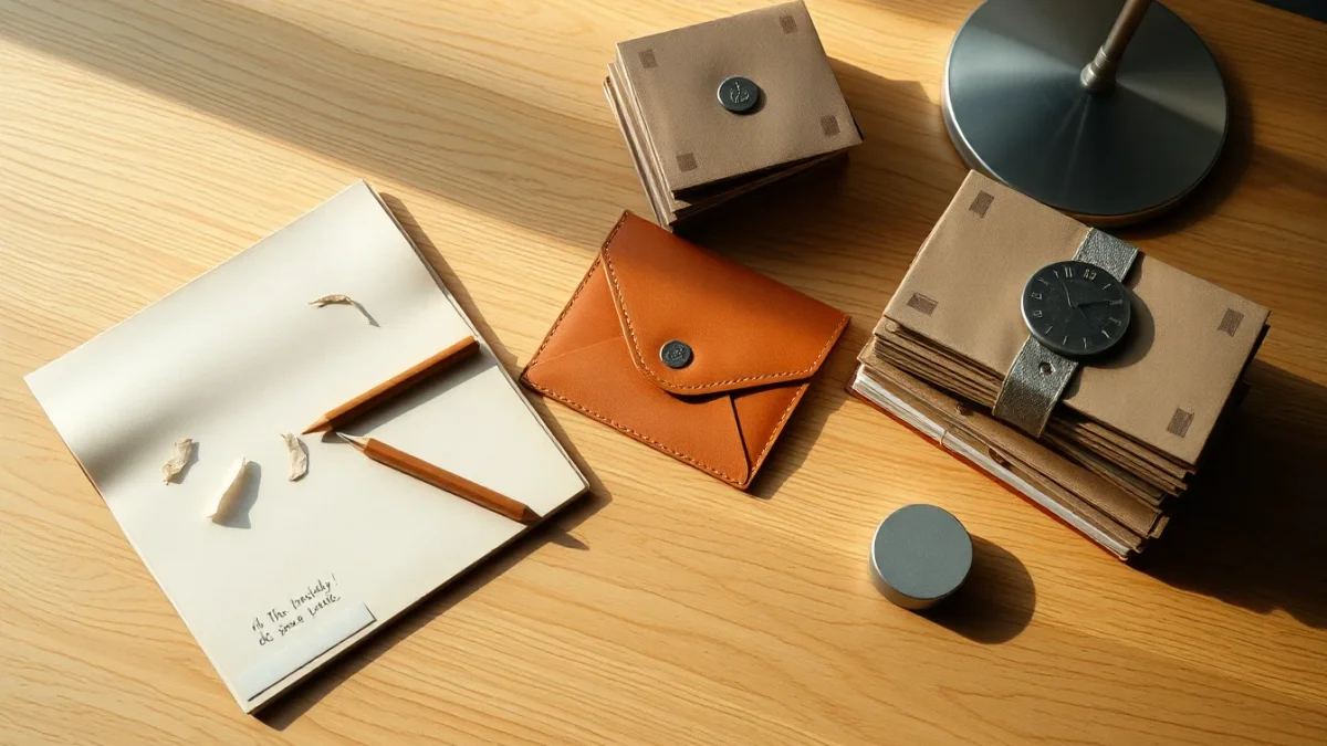 Nature morte éditoriale sur un bureau en bois clair montrant carnet, enveloppe kraft et porte-cartes sur fond de livrets flous.