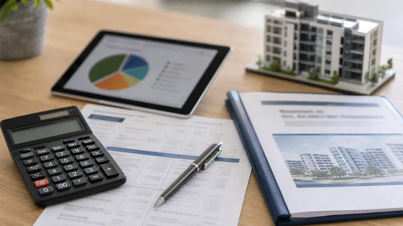 Documents, calculatrice et dossier immobilier pour vérifier fiscalité et frais de SCPI