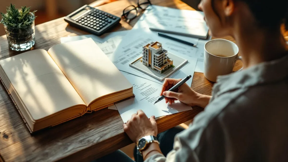Personne réfléchissant devant une maquette d'immeuble et des documents sur un bureau en bois clair, lumière du matin.