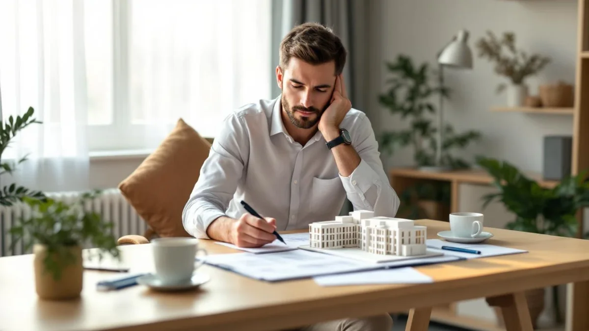 Investisseur·se examinant une maquette d'immeuble sur une table en bois avec documents et carnet, lumière du matin.