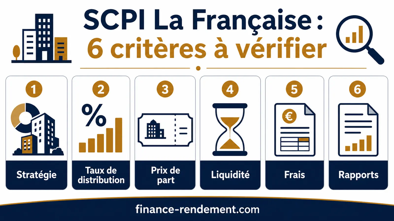 Infographie des six critères à vérifier pour une SCPI La Française