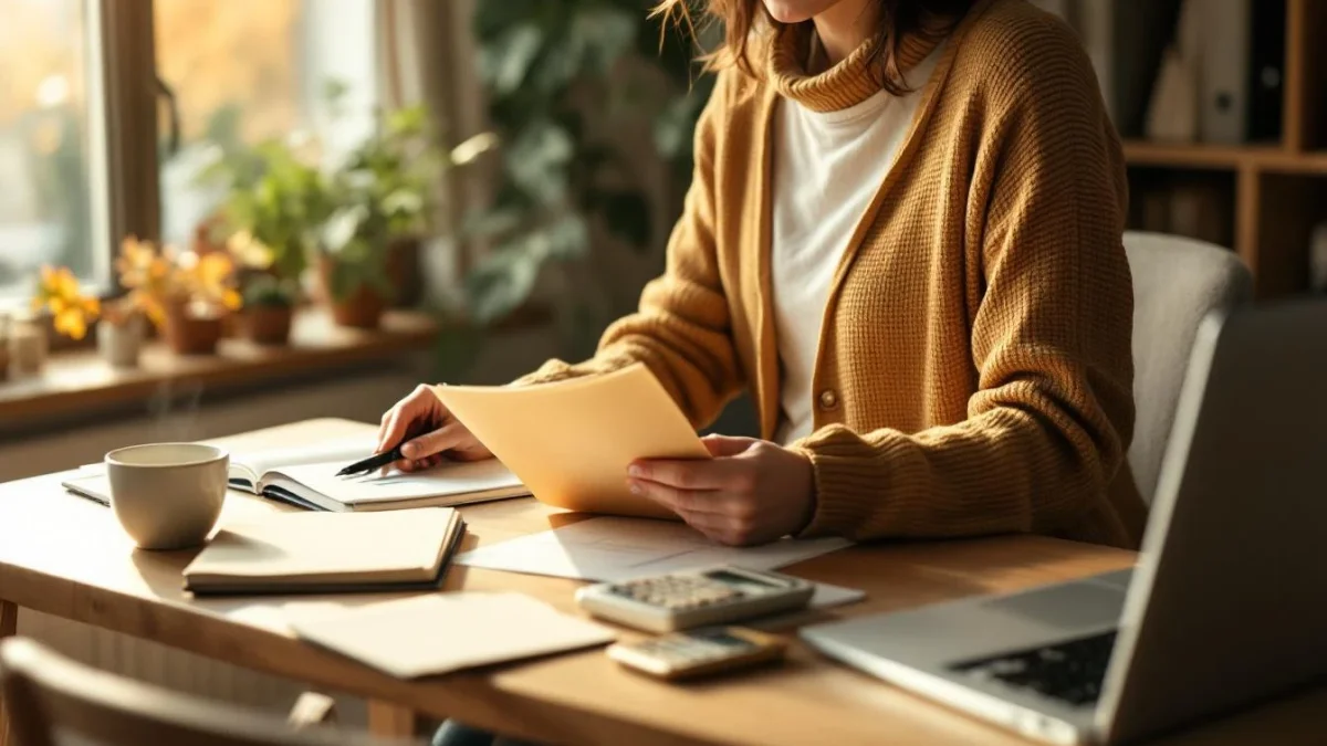 Personne prenant une décision financière chez elle, dossier et carnet sur un bureau en bois clair, lumière du matin.