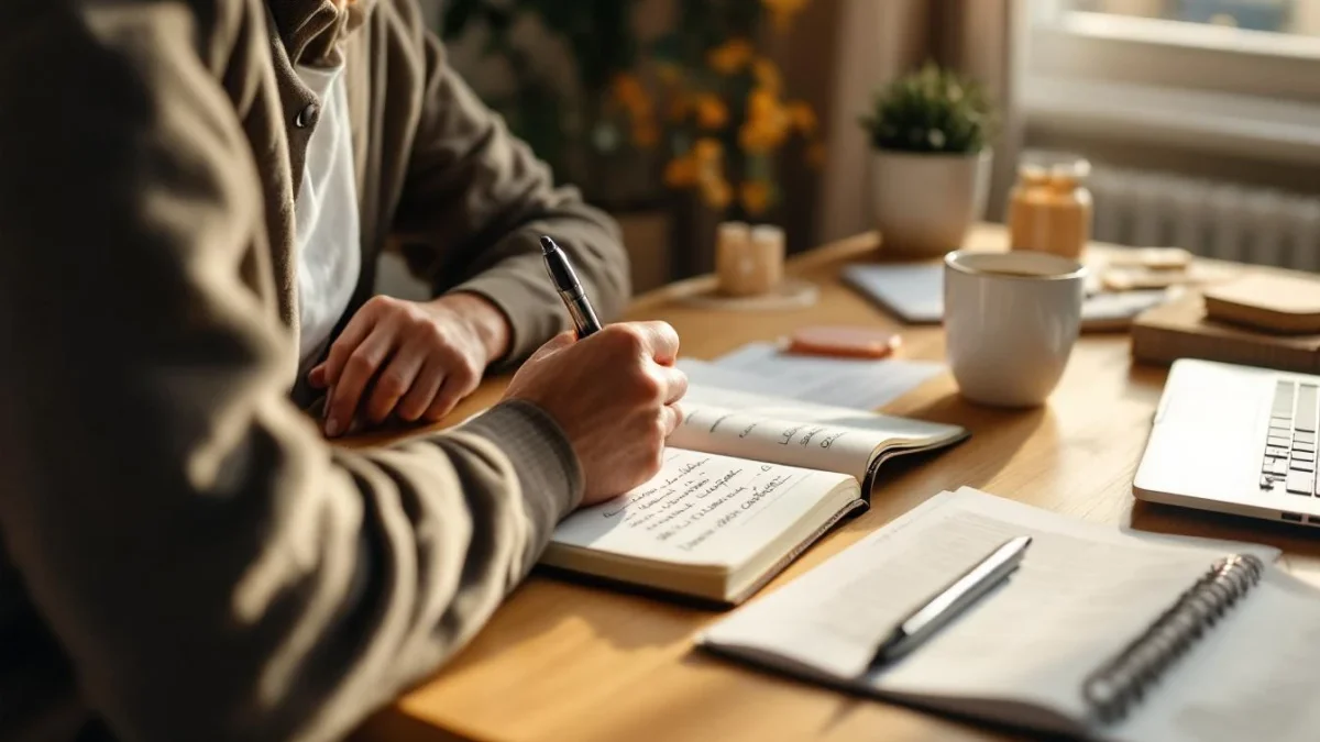 Bureau matinal avec carnet, maquette d'immeuble et main feuilletant des notes, ambiance décision financière